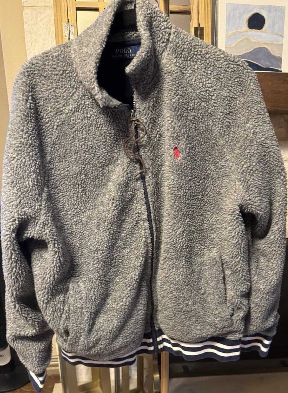 Polo Ralph Lauren Gray Bomber Jacket Men's M Full Zip Stand Collar Logo Pockets